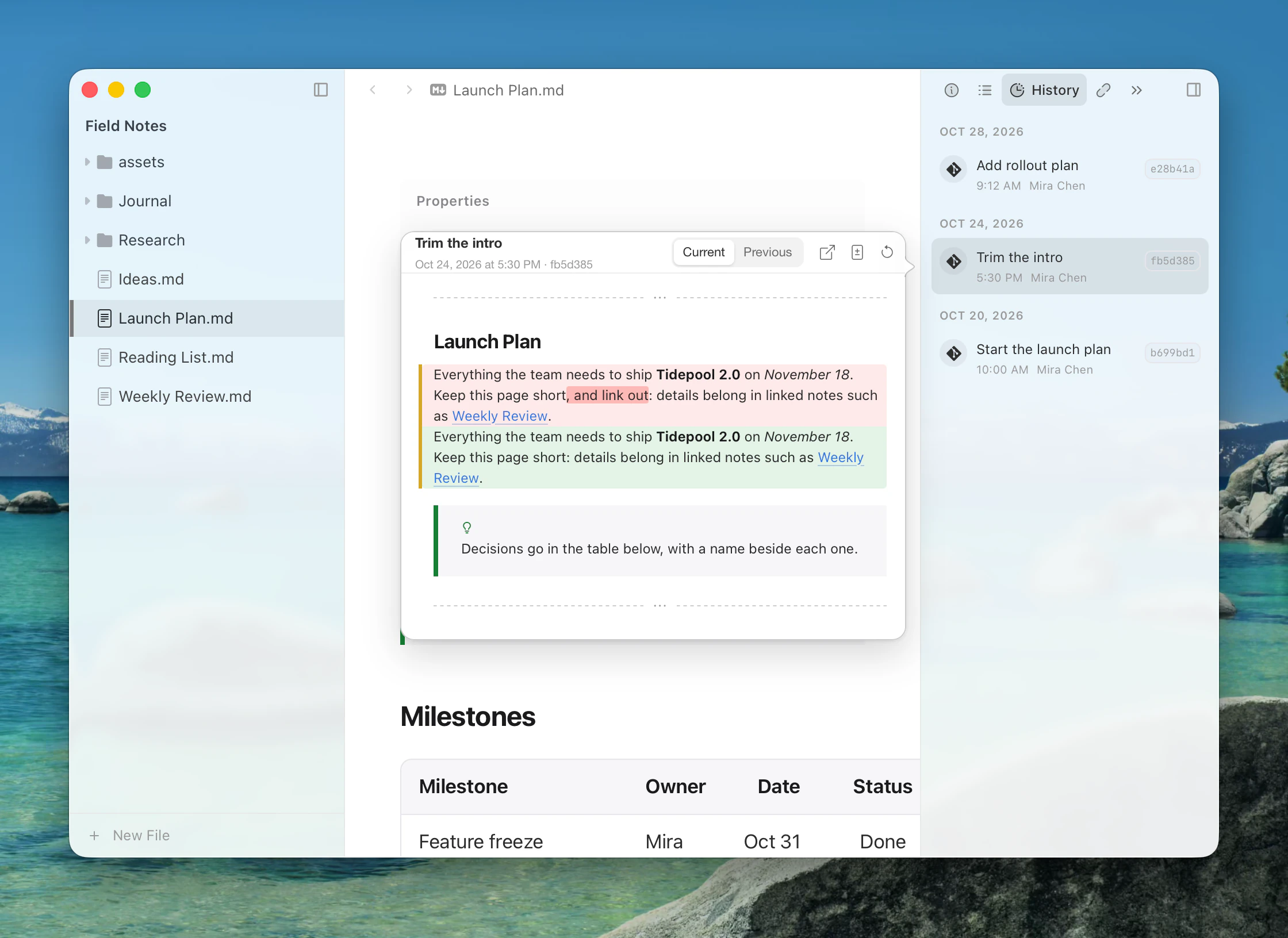 The History tab with a version preview