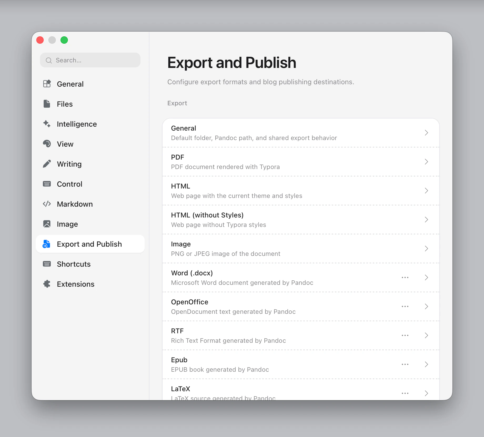 Settings ▸ Export and Publish