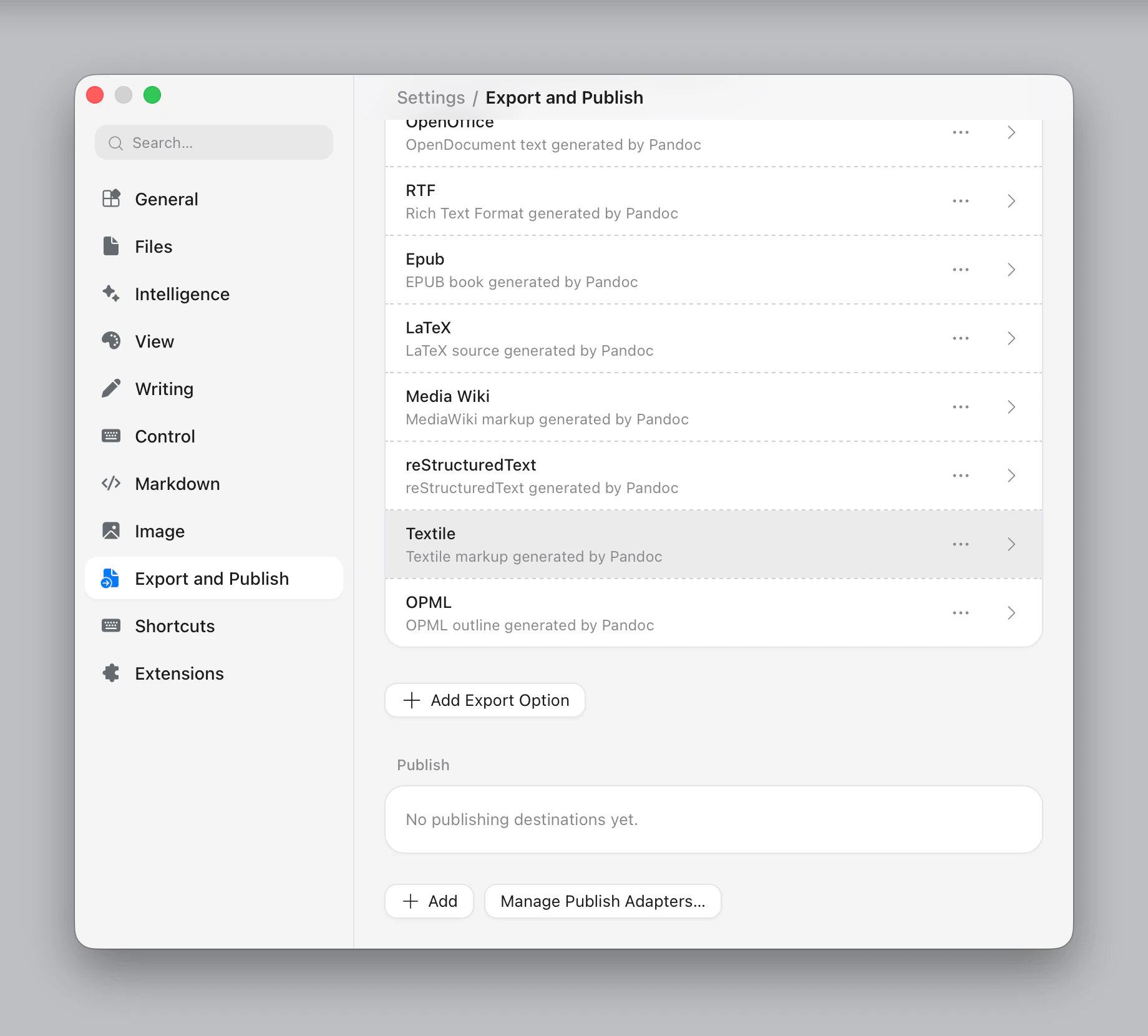 The Publish group in Settings