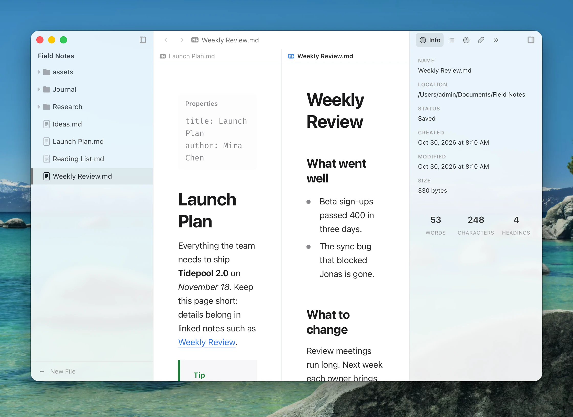 Two documents side by side in a split view