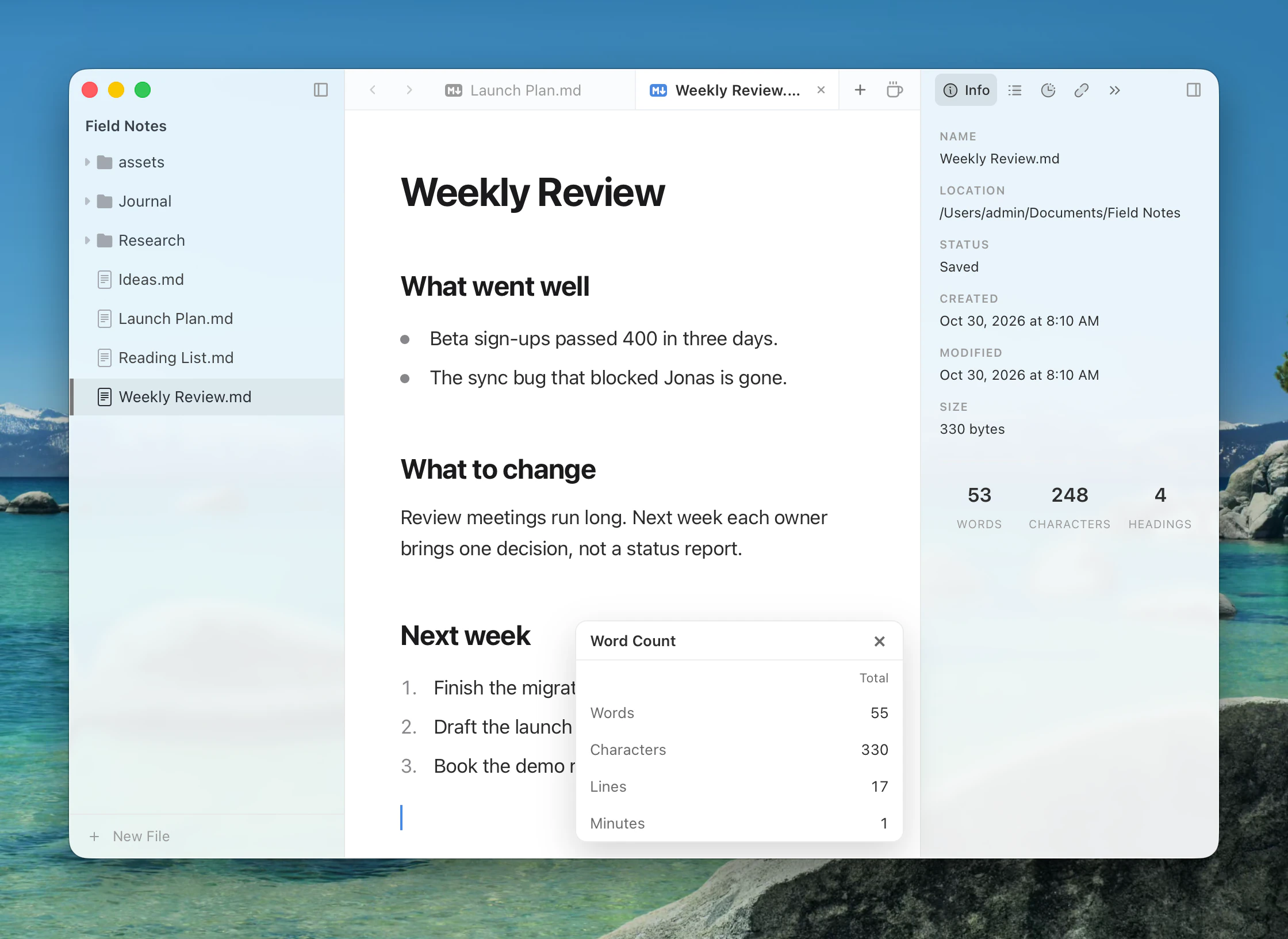 The word count popover
